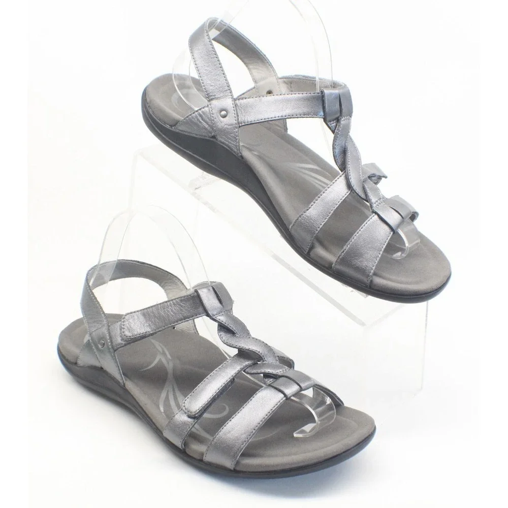 Abeo Bea Braid Pewter Slingback Leather Sandal Women Sz 10N Adjustable Strap